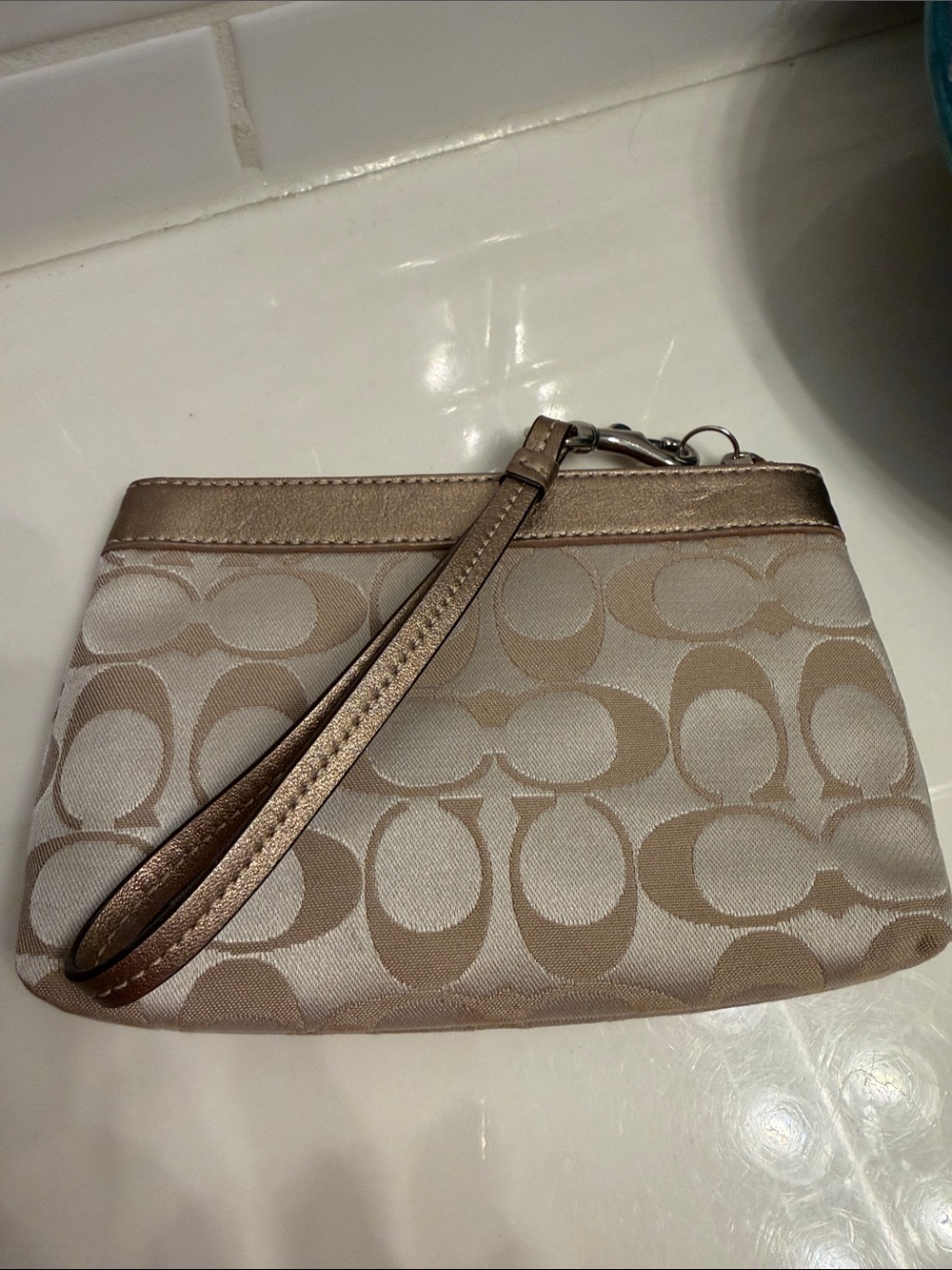 Coach Beige Signature Small Wristlet with Metallic Trim - Picture 2 of 5
